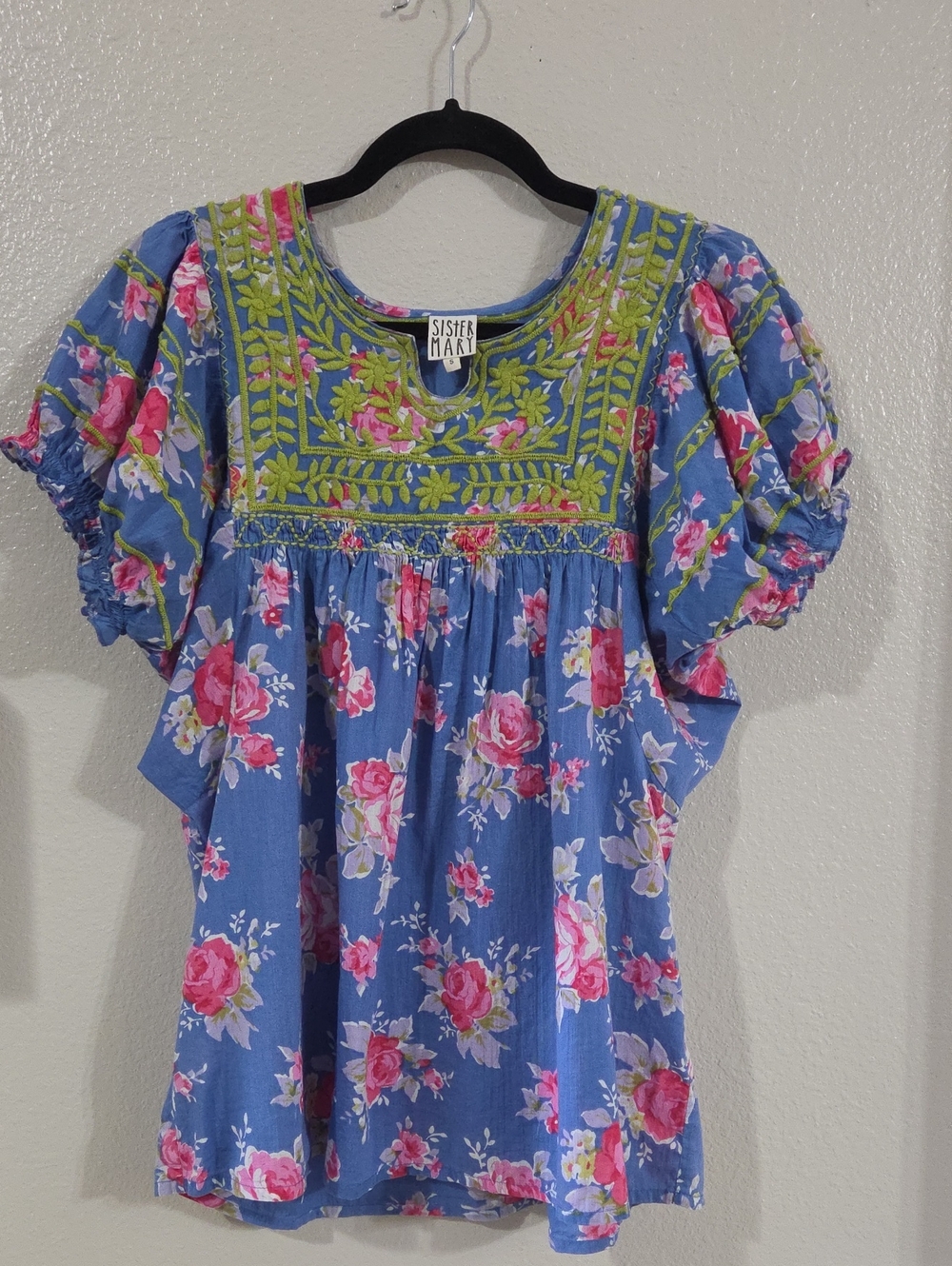 Sister Mary Boho Peasant Floral Embroidered Short Sleeve Top